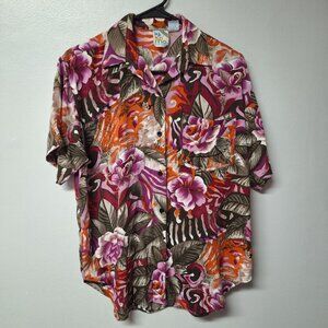 Ki Ko‎ Mo Blouse Floral Button Down Shirt Collar Vintage Pocket Womens Medium